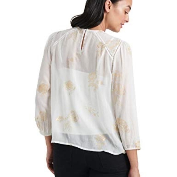 Lucky Brand Scoop Neck Piper Pullover Top Sheer Gold Floral Medium - Picture 2 of 16